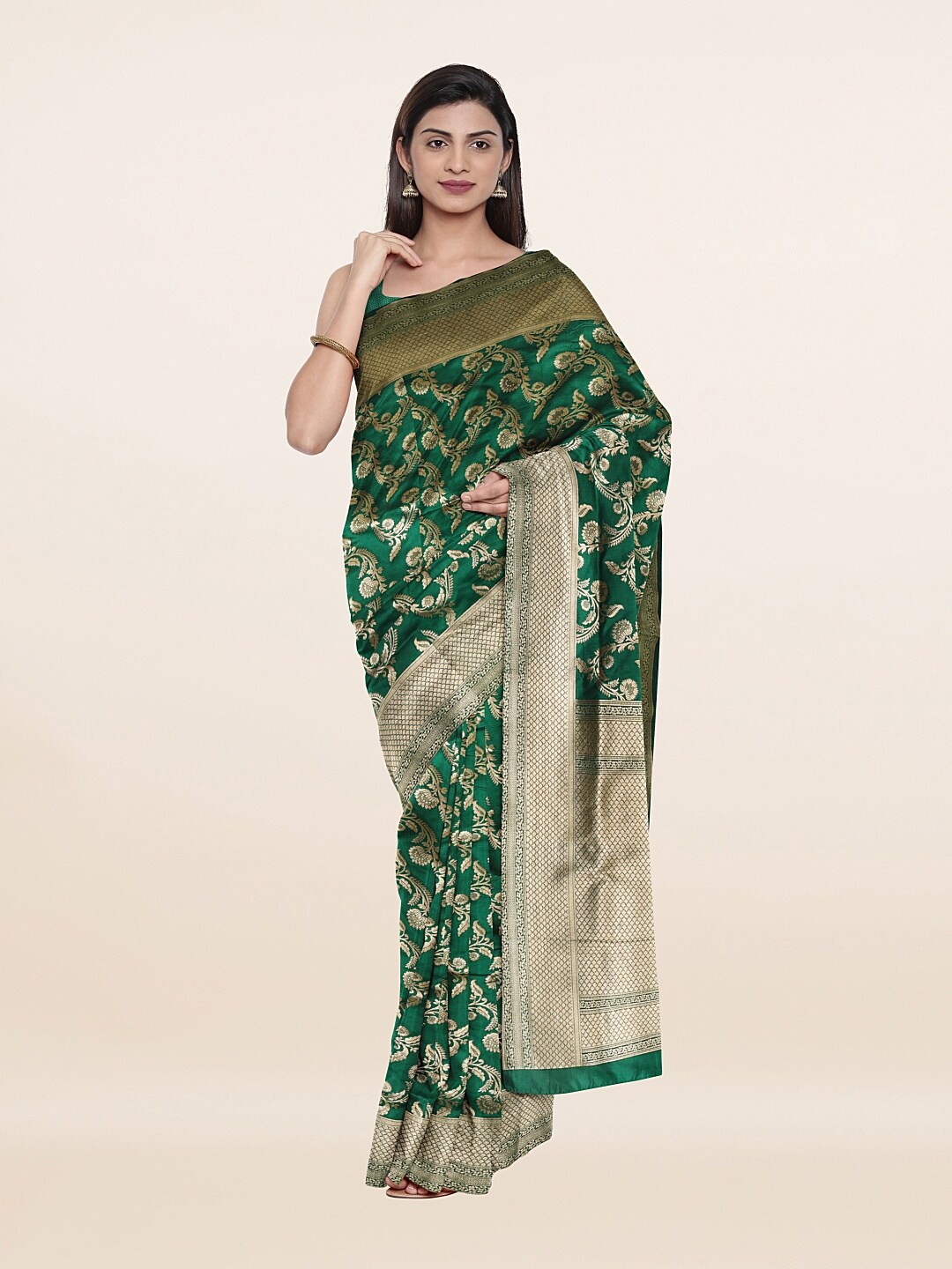 

Pothys Green & Gold-Toned Woven Design Art Silk Saree