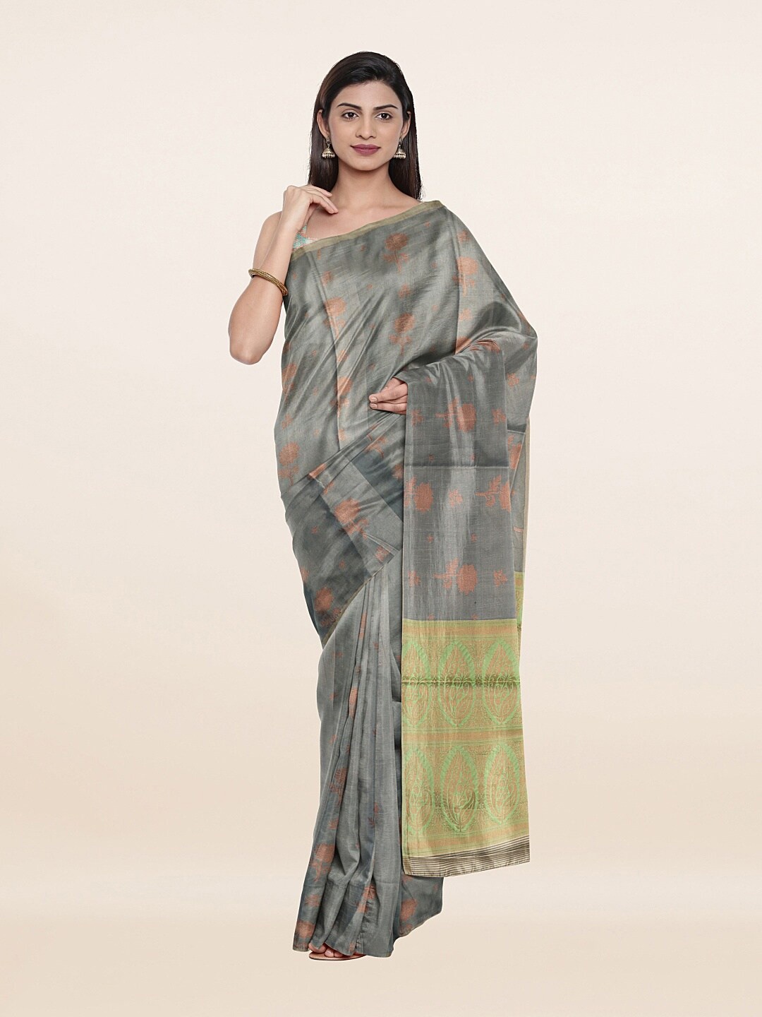 

Pothys Women Grey & Green Floral Zari Art Silk Saree