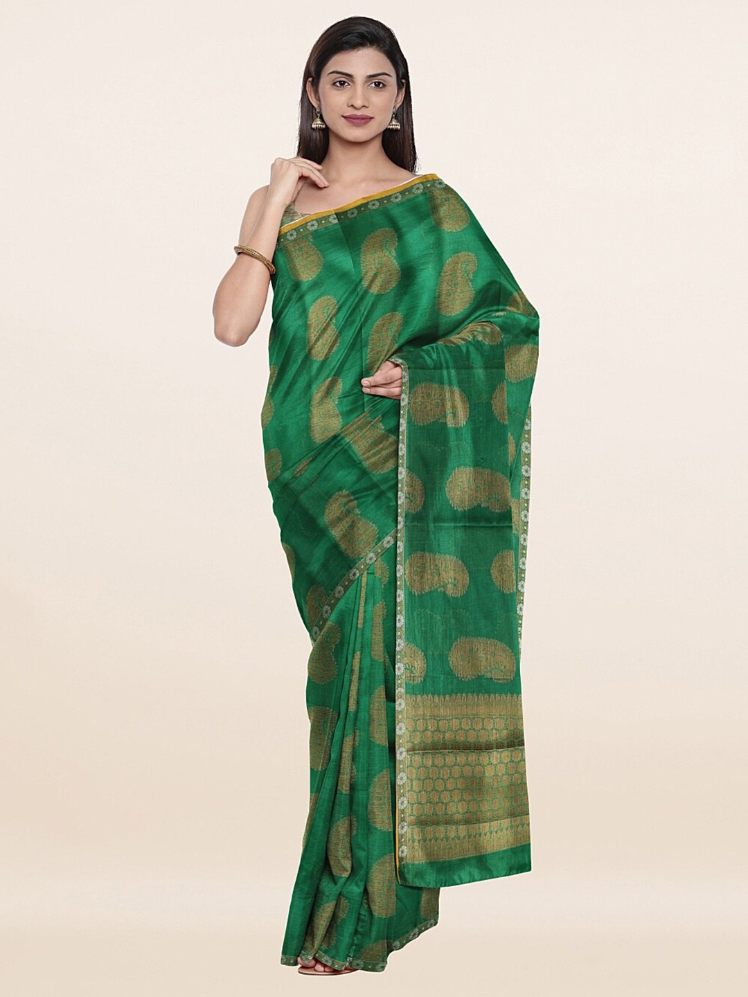 

Pothys Green & Gold-Toned Paisley Zari Art Silk Saree