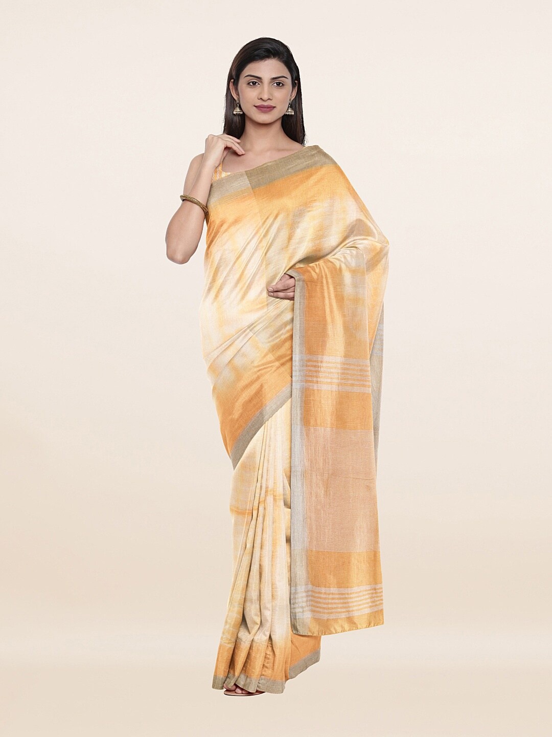 

Pothys Cream-Coloured & Orange Zari Pure Linen Saree