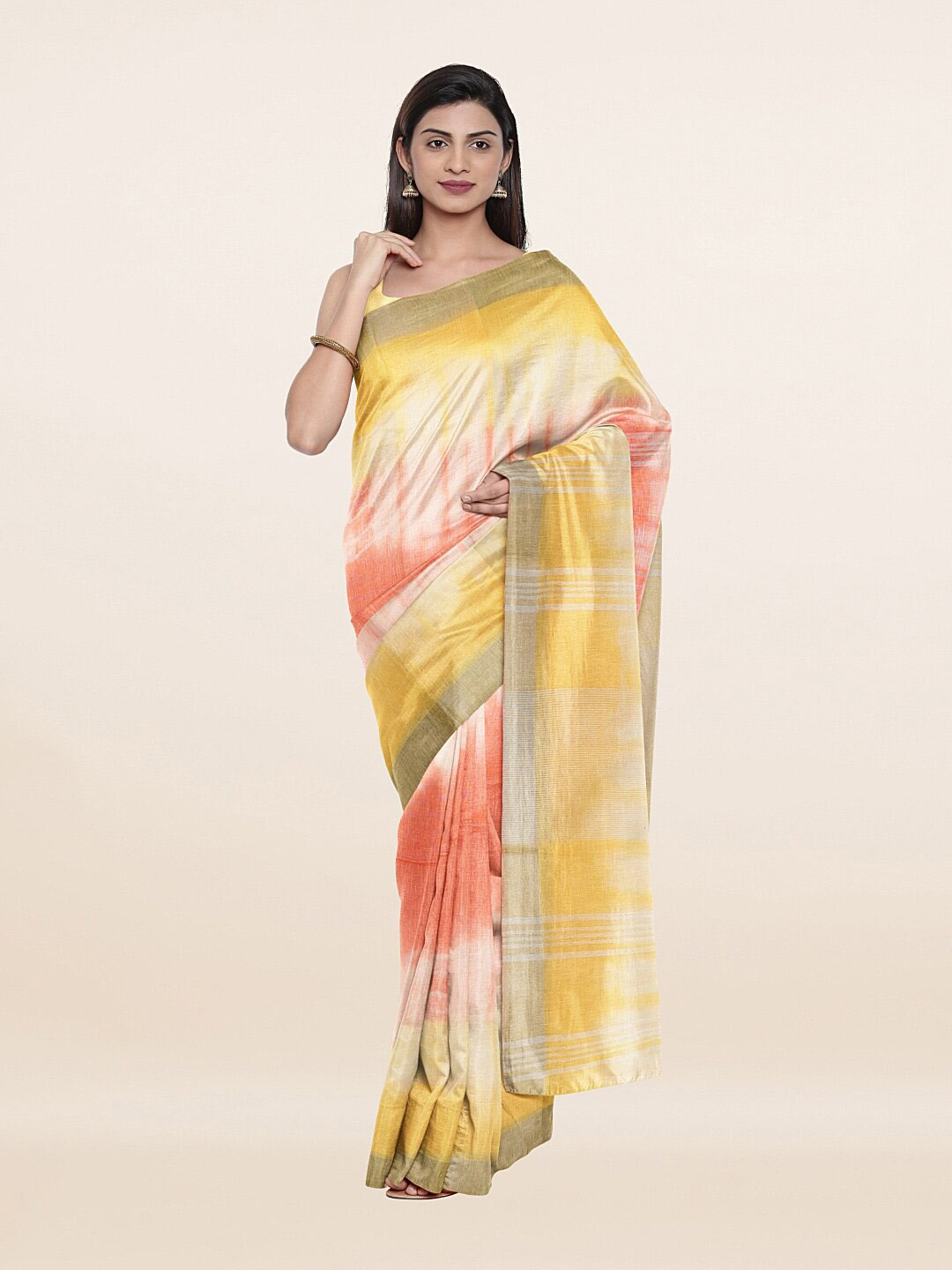 

Pothys White & Orange Pure Linen Saree