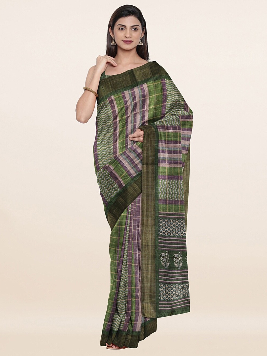 

Pothys Women Green Striped Art Silk Saree