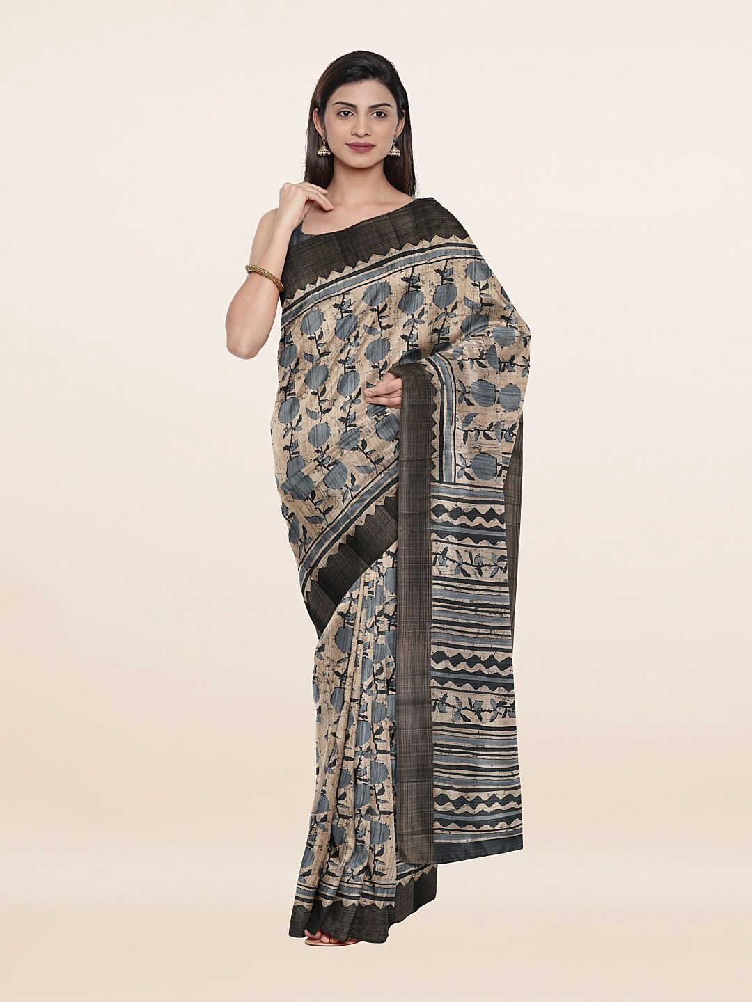 

Pothys Cream-Coloured & Grey Floral Zari Art Silk Saree