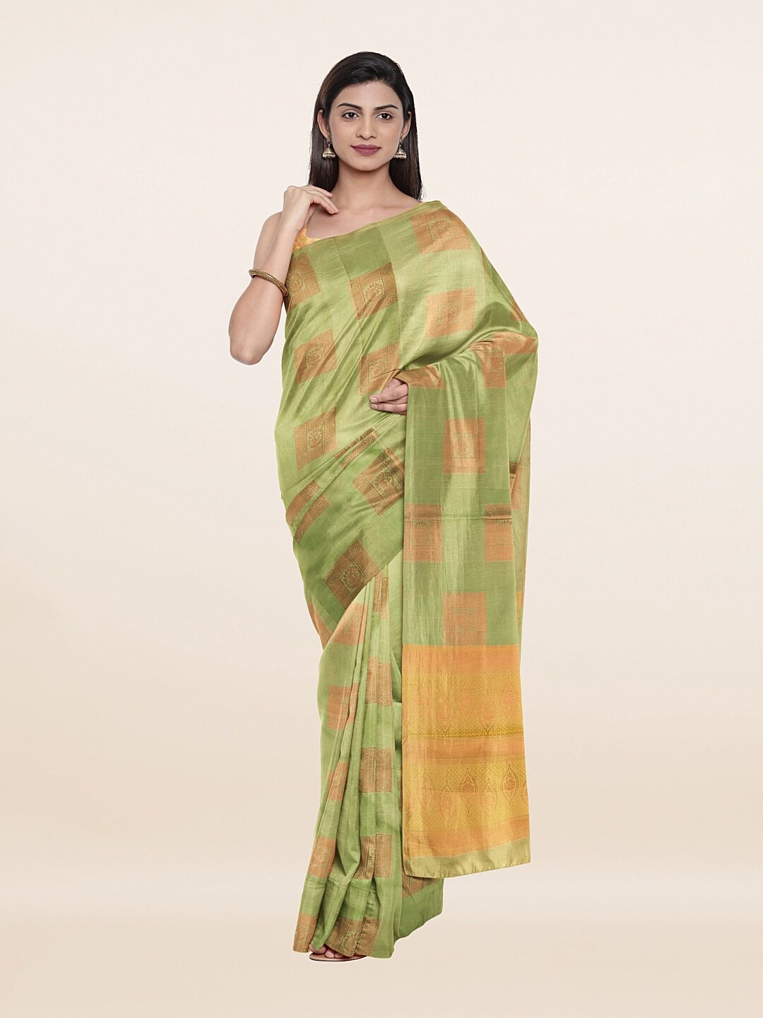 

Pothys Green & Copper-Toned Ethnic Motifs Art Silk Banarasi Saree