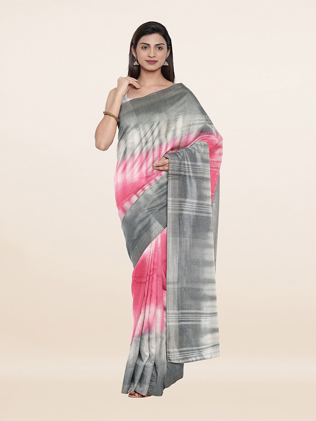 

Pothys Pink & Grey Tie and Dye Zari Pure Linen Saree