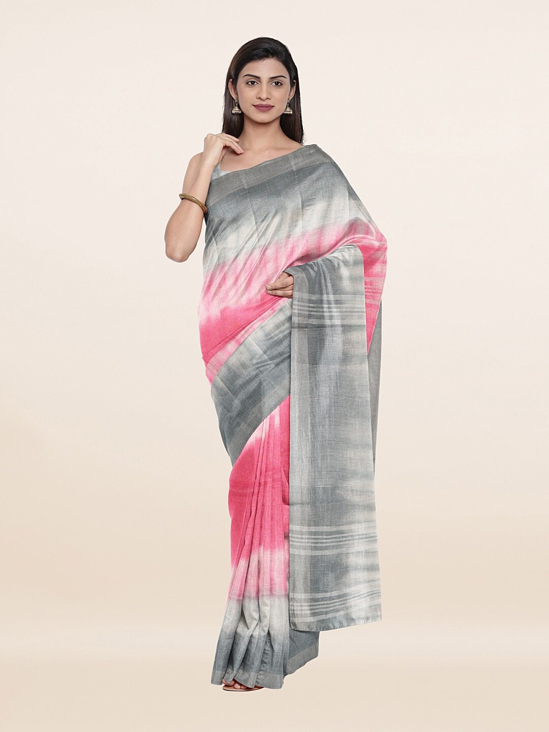 

Pothys Pink & Grey Tie and Dye Zari Pure Linen Saree