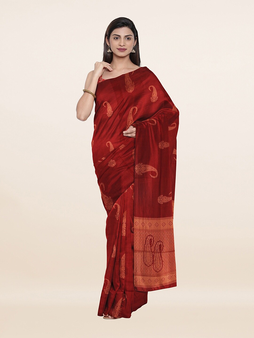 

Pothys Maroon & Gold-Toned Paisley Zari Art Silk Banarasi Saree