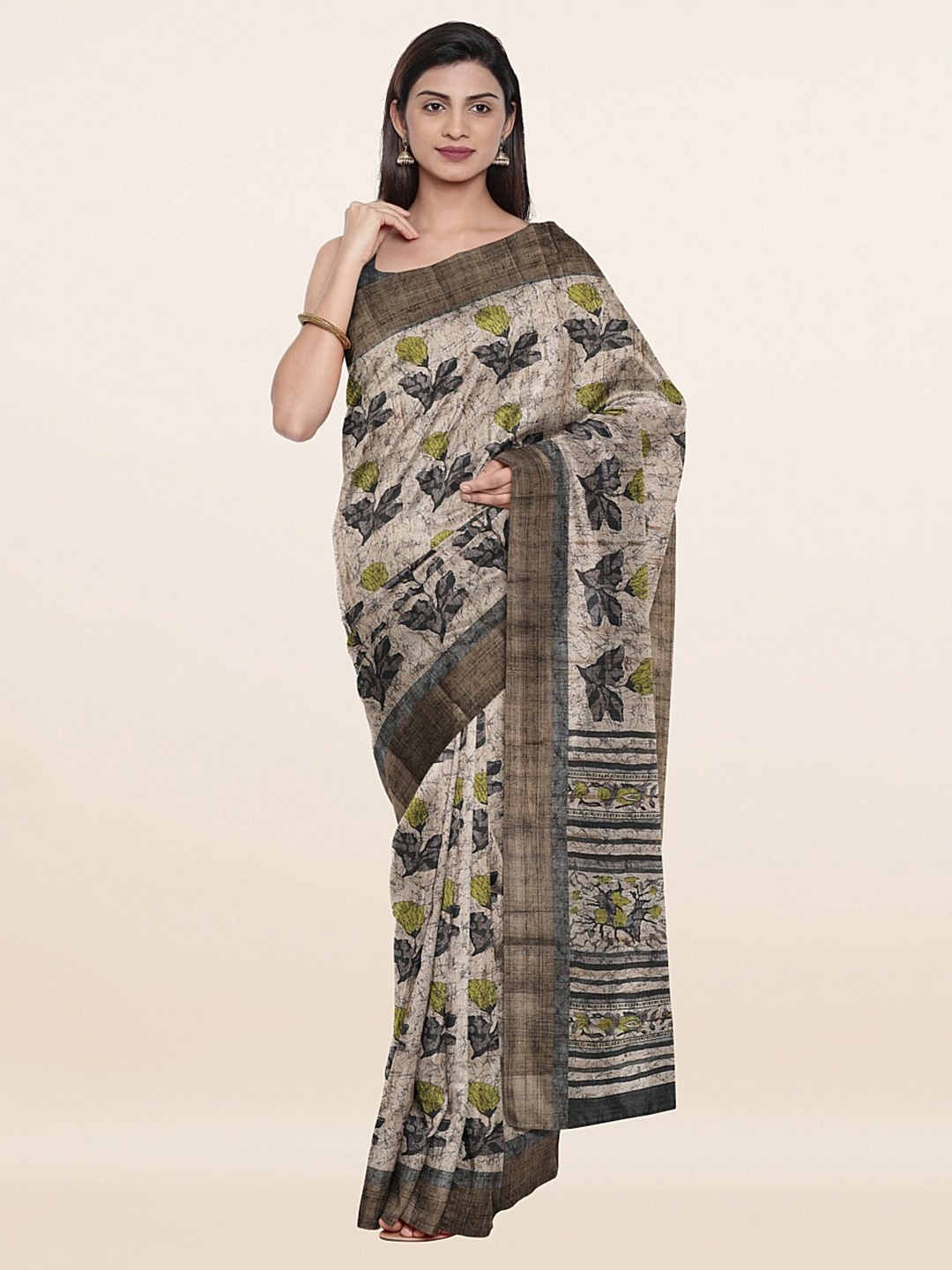 

Pothys Cream-Coloured & Green Floral Art Silk Saree