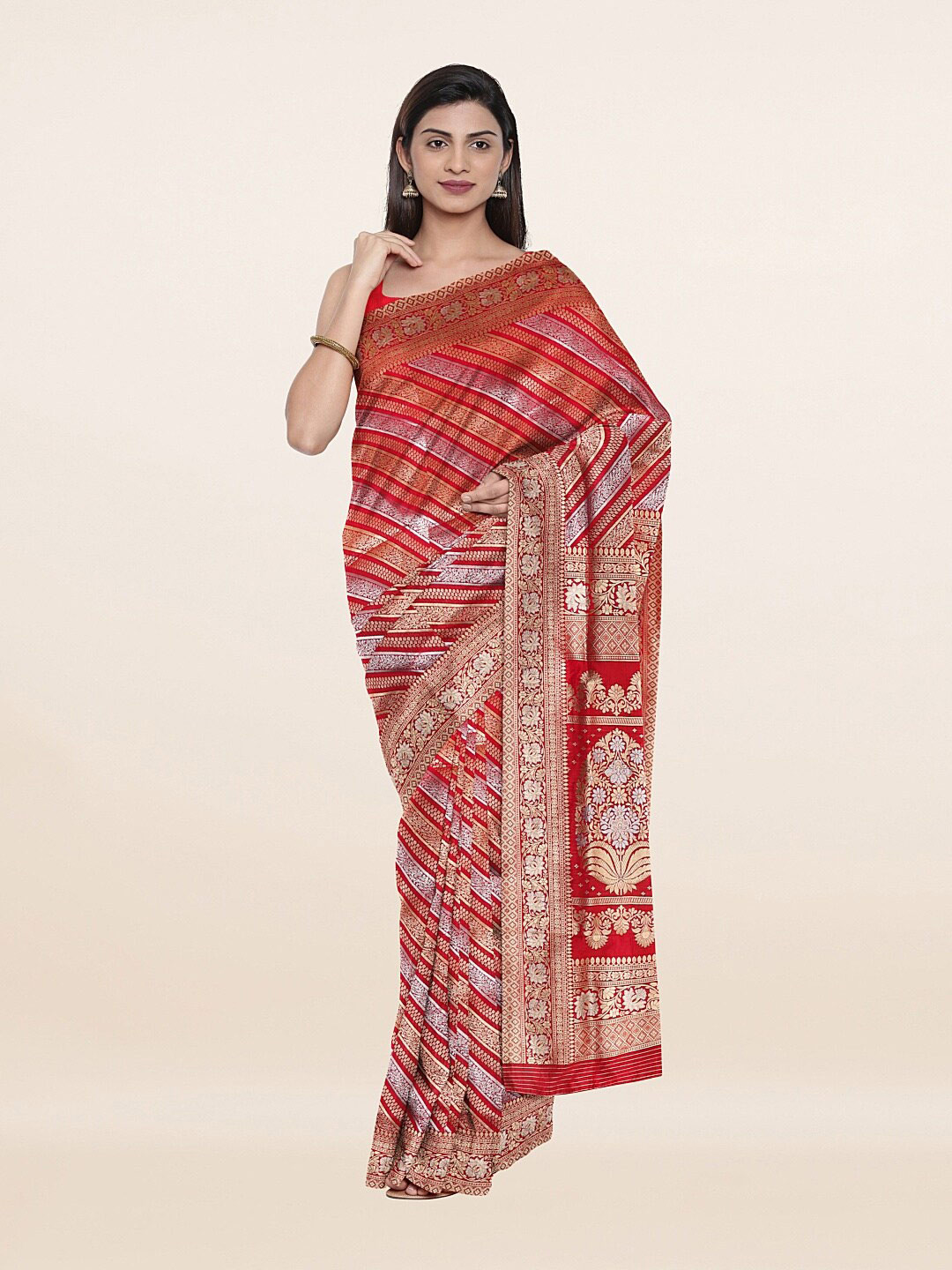 

Pothys Red & Silver-Toned Woven Design Zari Art Silk Saree