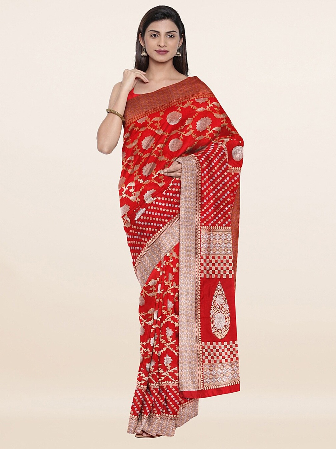 

Pothys Red & Silver-Toned Woven Design Zari Art Silk Saree