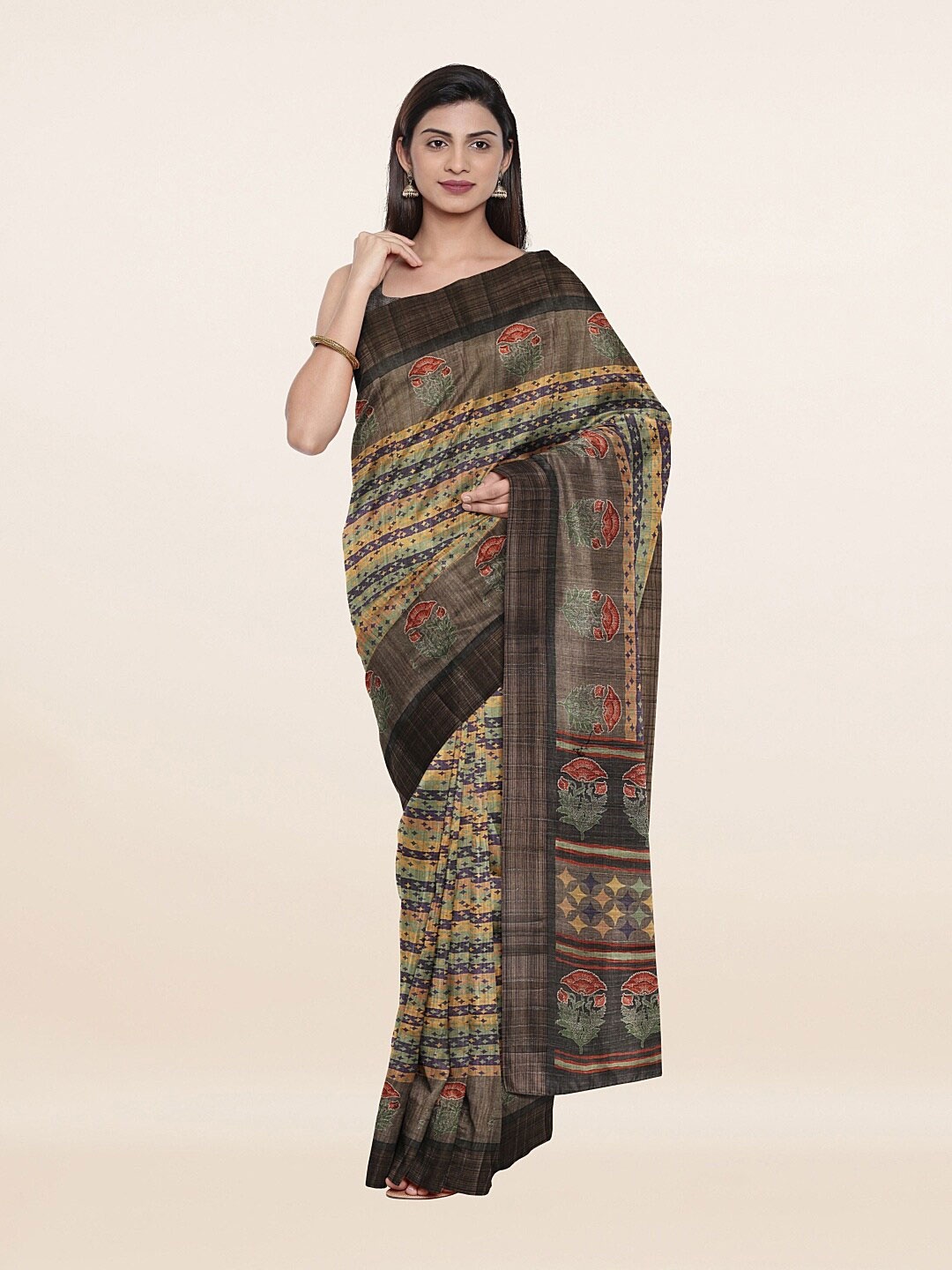 

Pothys Black & Green Floral Zari Art Silk Saree