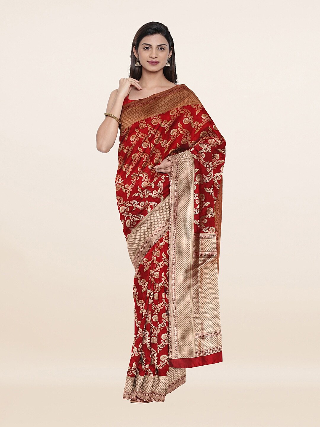 

Pothys Maroon & Gold-Toned Woven Design Zari Art Silk Saree