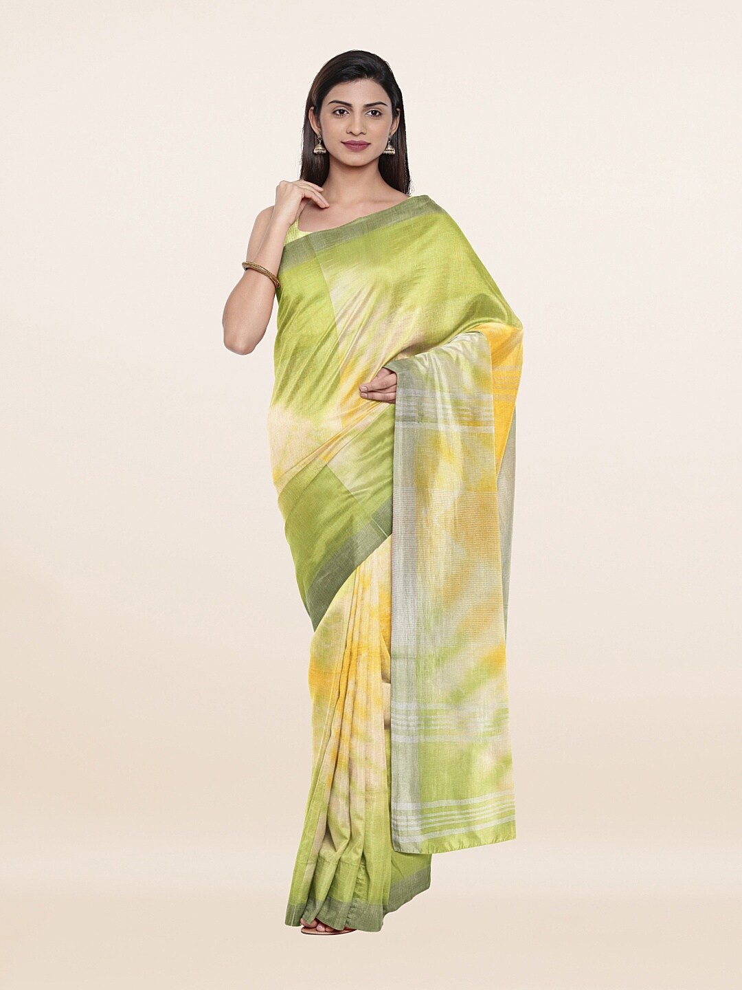 

Pothys Yellow & Green Zari Pure Linen Saree