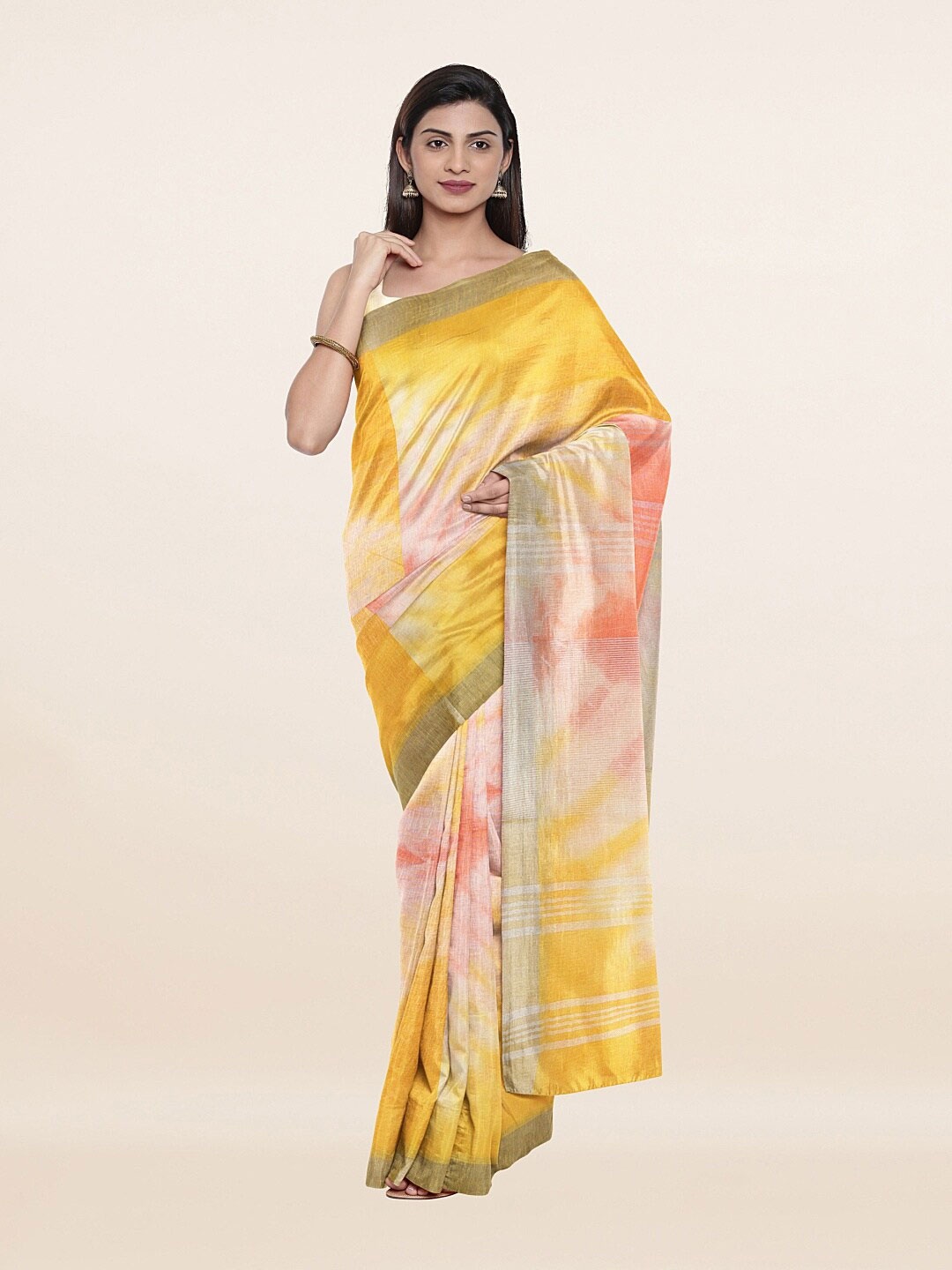 

Pothys Women Cream-Coloured & Yellow Zari Pure Linen Saree