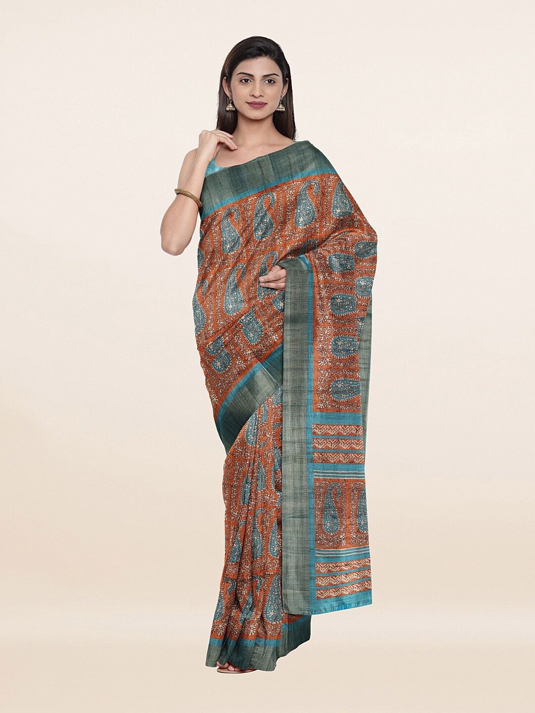

Pothys Orange & Blue Ethnic Motifs Zari Art Silk Saree