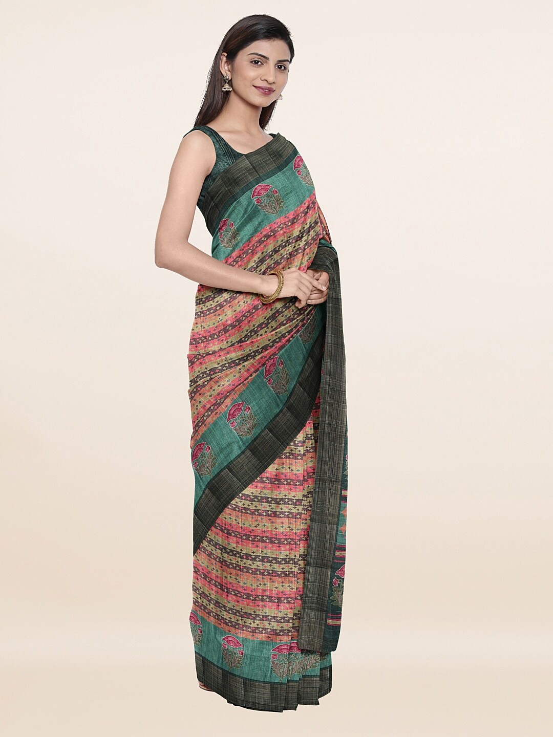 

Pothys Black & Pink Floral Zari Art Silk Pothys Art Dupion Saree