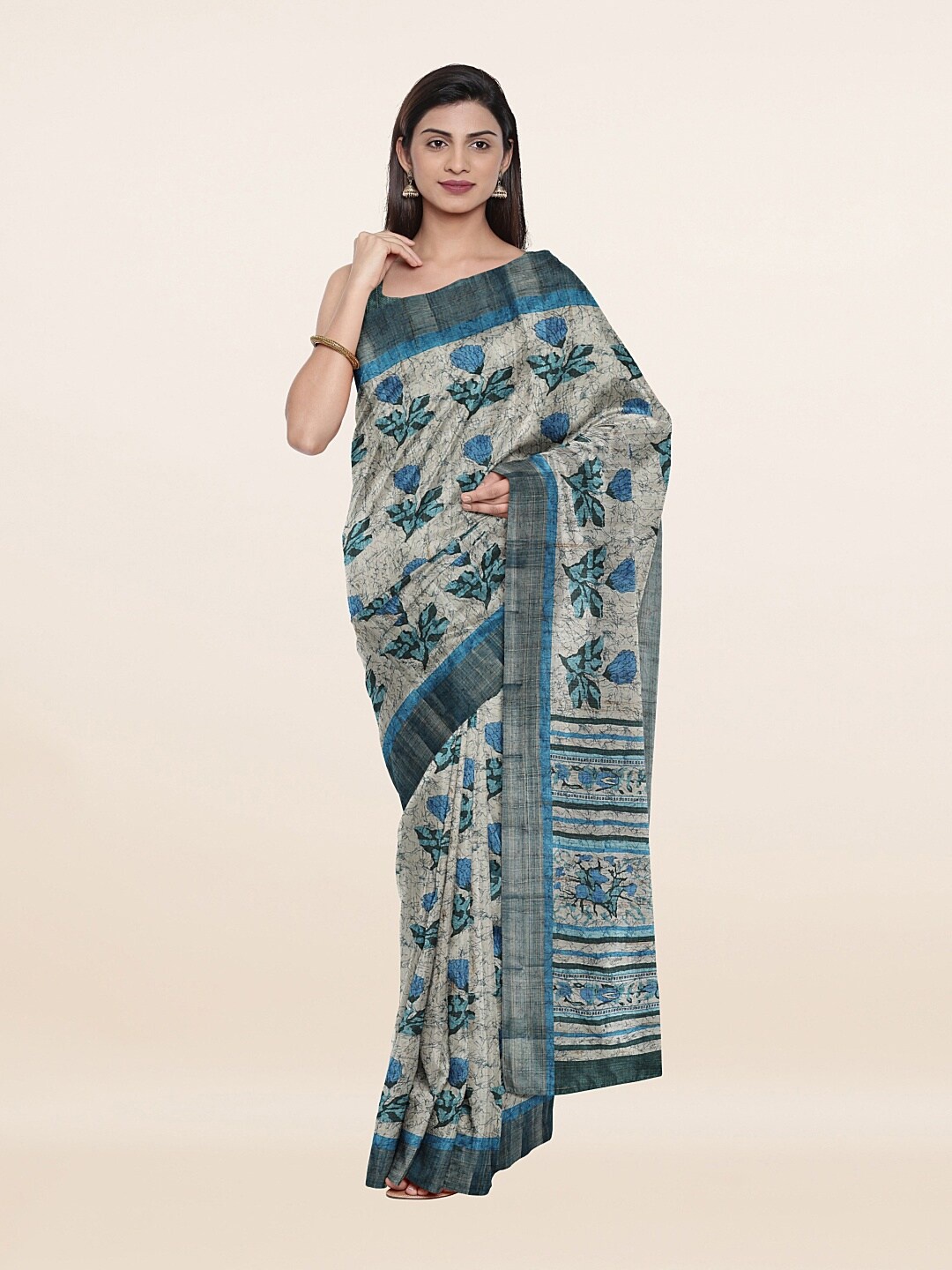 

Pothys Blue & Grey Floral Zari Art Silk Saree