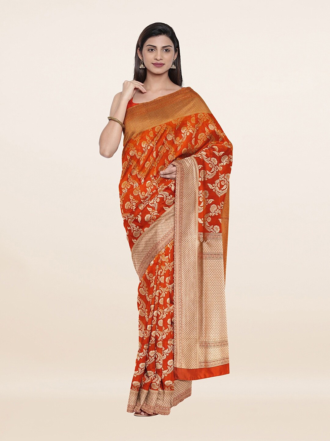 

Pothys Orange & Gold-Toned Woven Design Zari Art Silk Saree