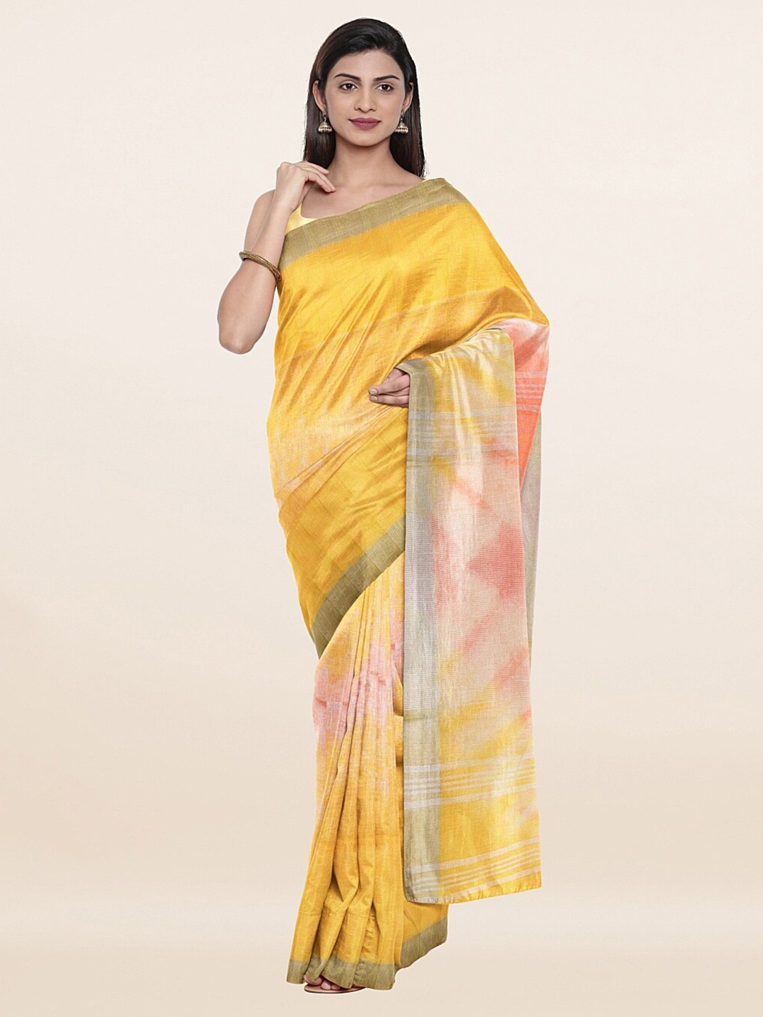 

Pothys Pink & Yellow Zari Pure Linen Saree