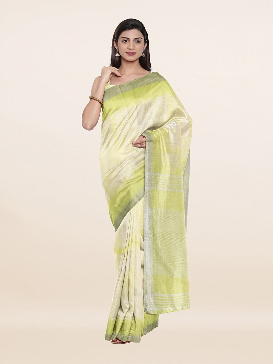 

Pothys Cream-Coloured & Green Tie and Dye Zari Pure Linen Saree