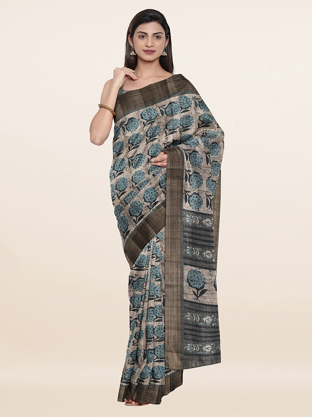 

Pothys Grey & Blue Floral Zari Art Silk Saree