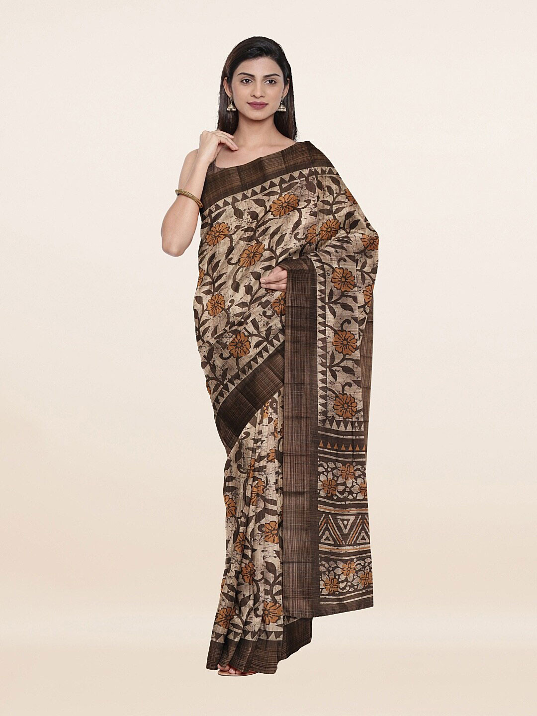 

Pothys Cream-Coloured & Brown Floral Zari Art Silk Saree