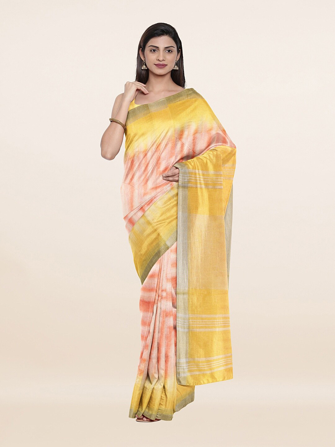 

Pothys Pink & Yellow Zari Pure Linen Saree