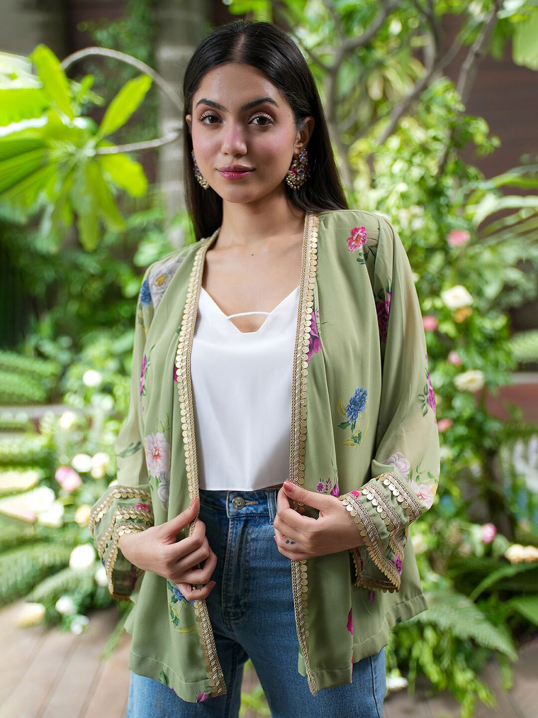 

Alaya By Stage3 Women Green Printed Shrug with Belt