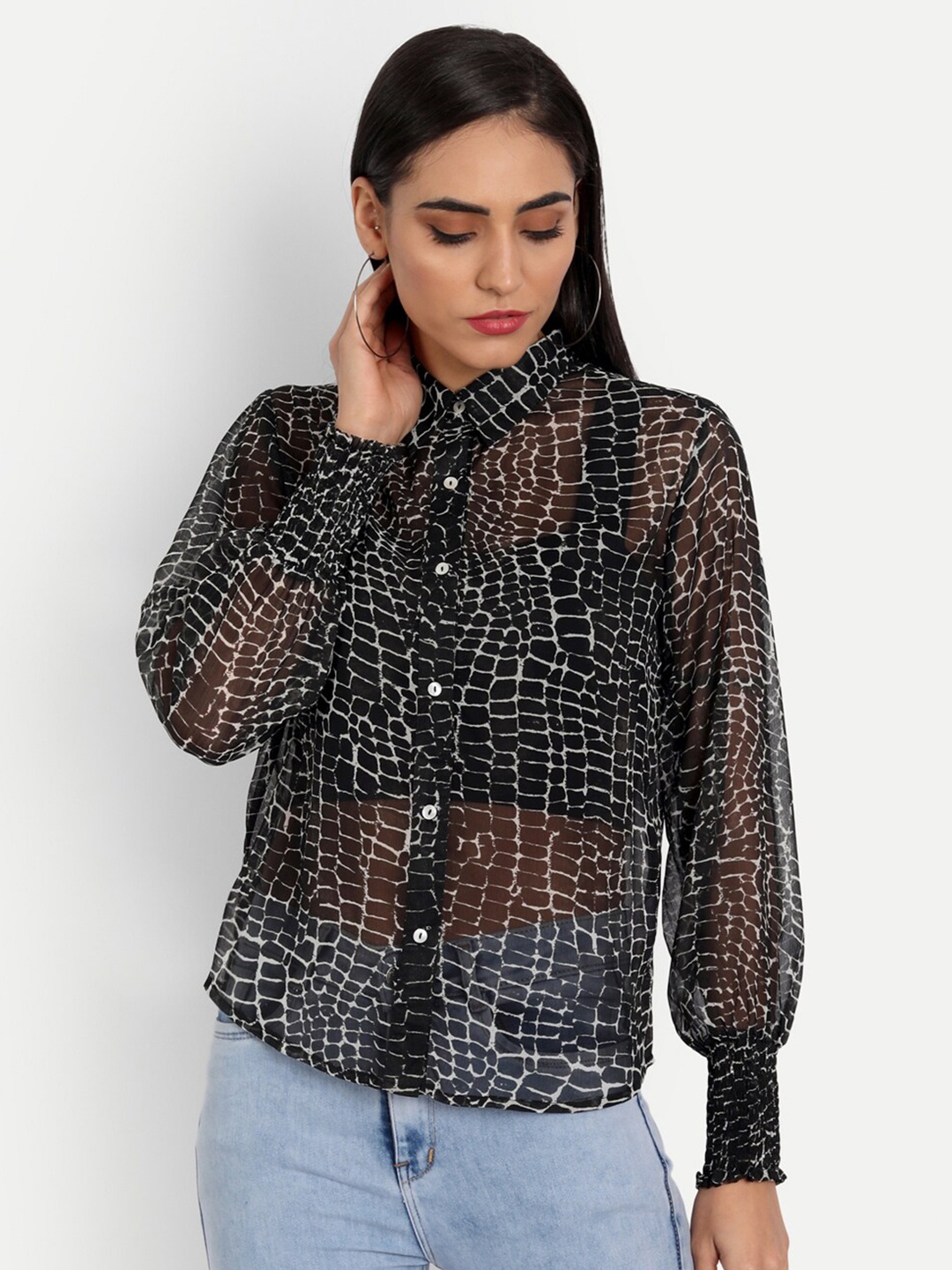 

ESSQUE Black Animal Print Tie-Up Neck Chiffon Shirt Style Top