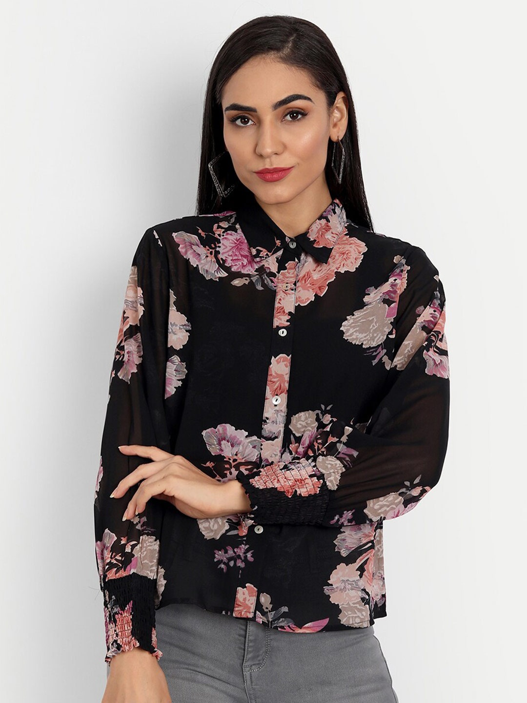 

ESSQUE Black & Pink Floral Print Georgette Shirt Style Top
