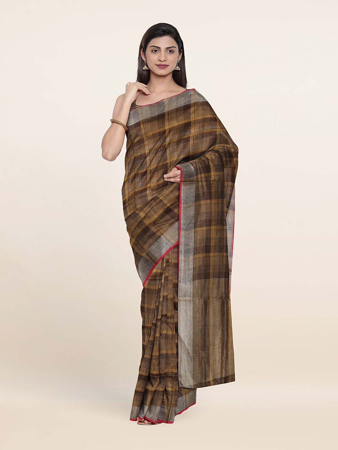 

Pothys Brown & Silver-Toned Checked Zari Linen Blend Saree