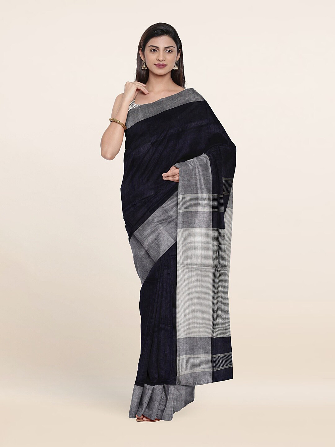 

Pothys Navy Blue & Silver-Toned Zari Linen Blend Saree