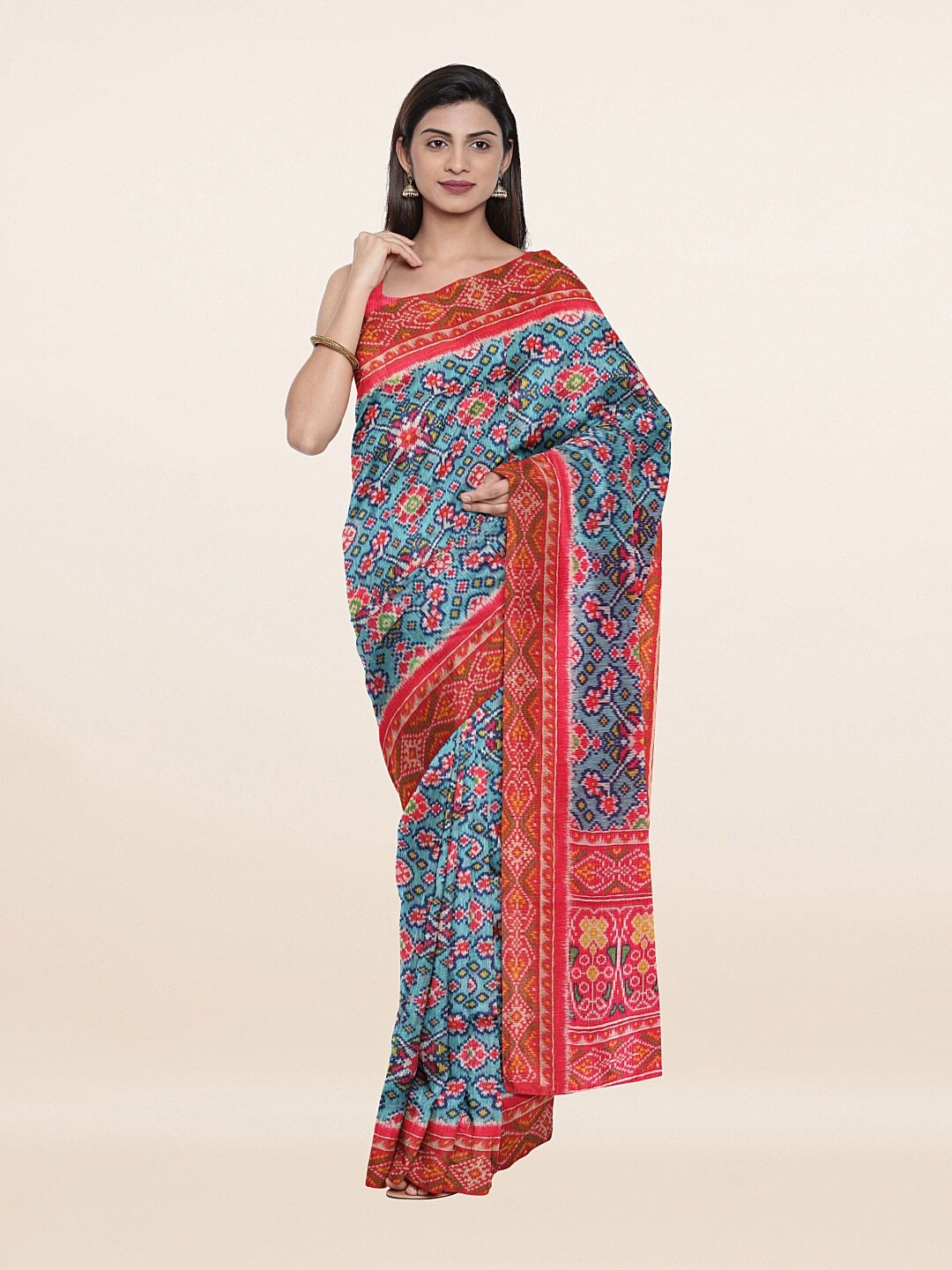 

Pothys Women Blue & Pink Printed Art Silk Saree