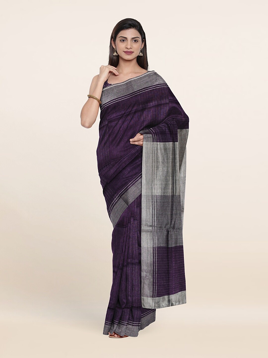 

Pothys Violet & Silver-Toned Zari Linen Blend Saree