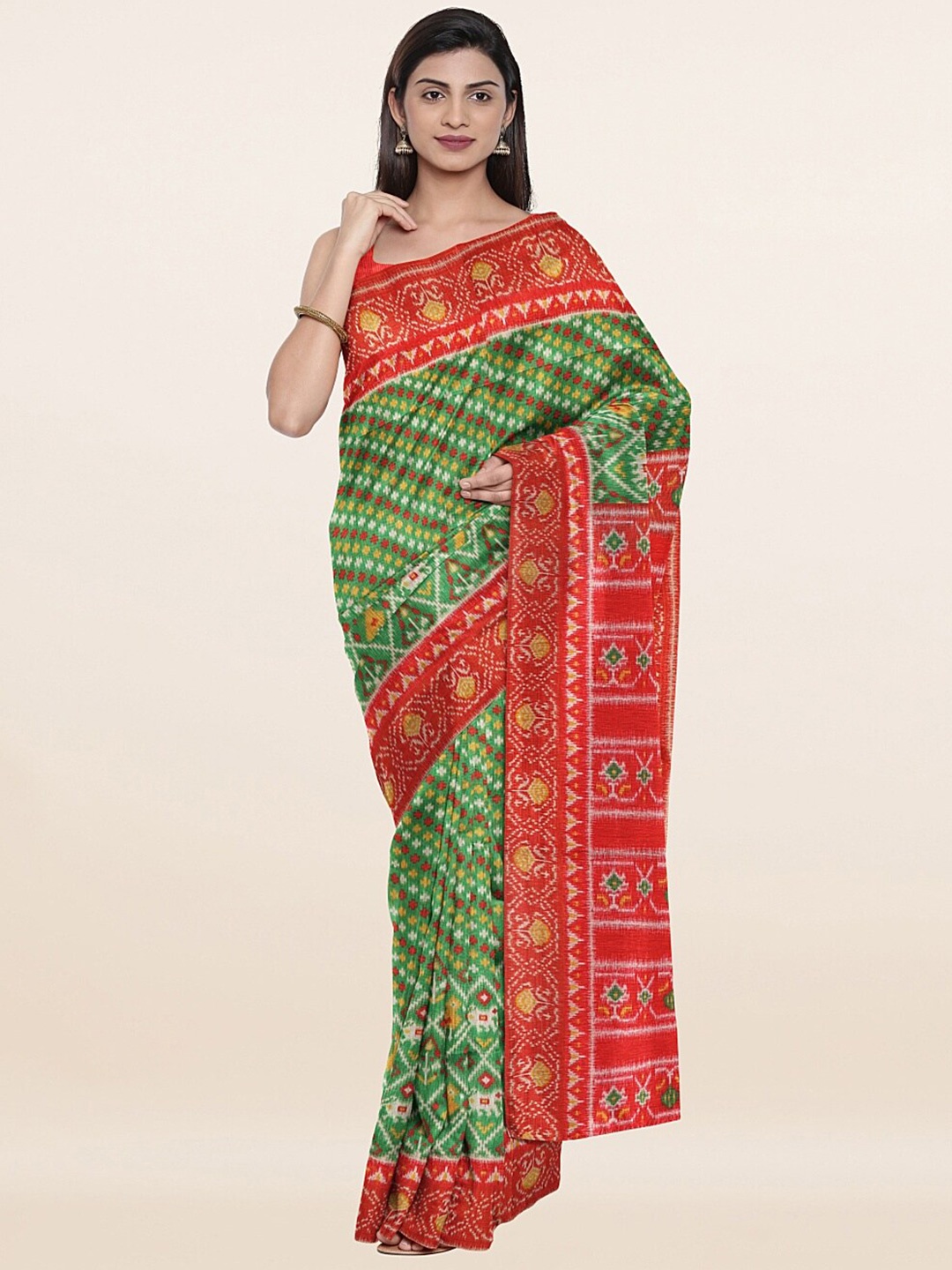 

Pothys Women Green & Red Floral Printed Art Silk Saree