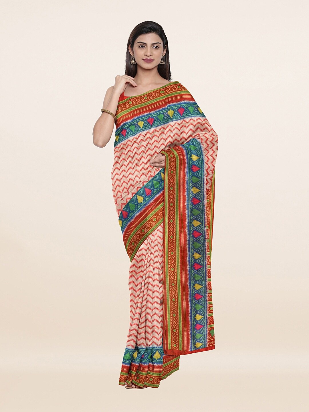 

Pothys Cream & Blue Printed Art Silk Saree