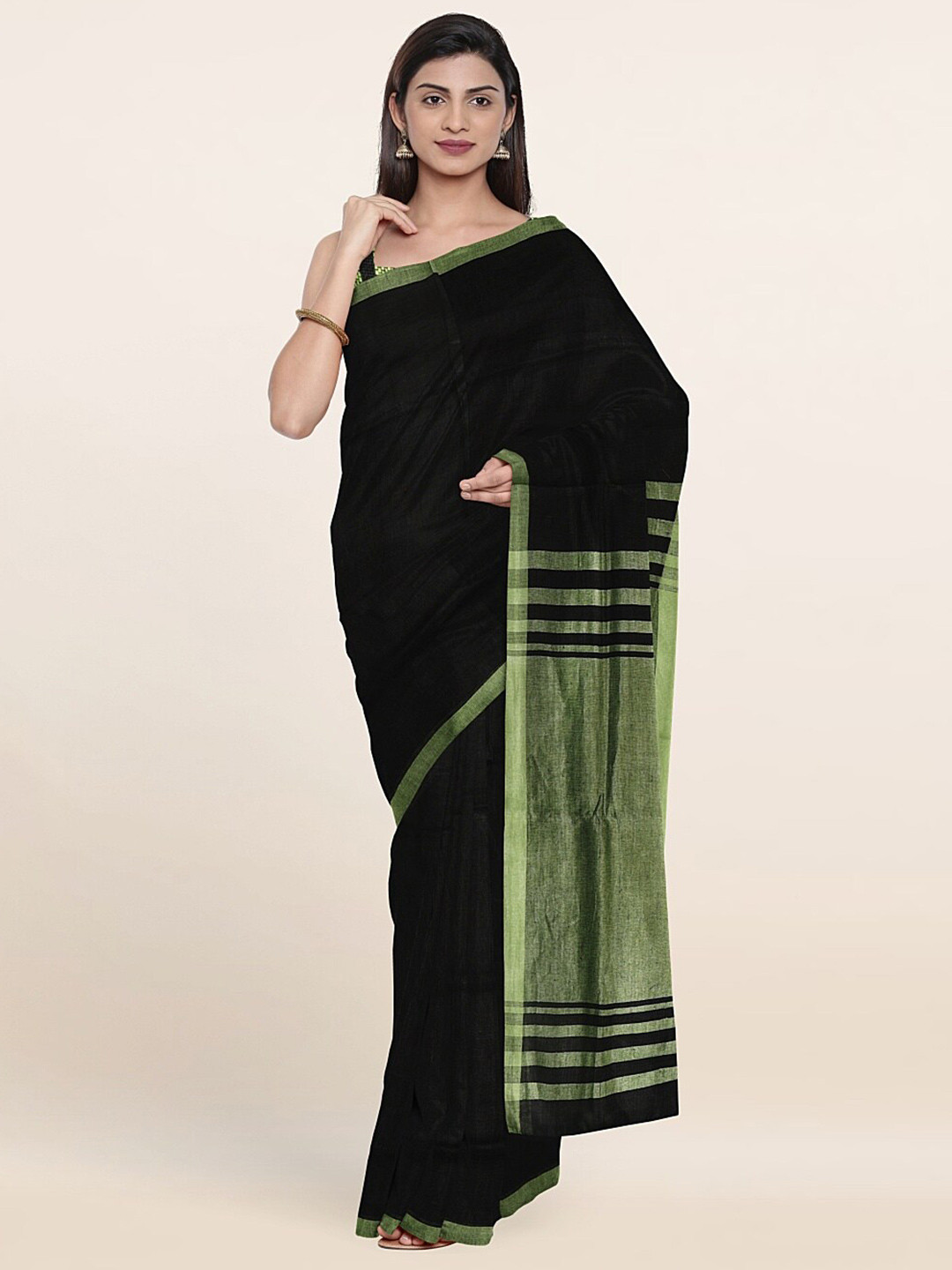 

Pothys Black & Green Zari Linen Blend Saree