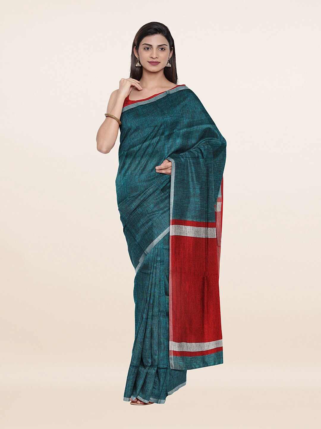 

Pothys Blue & Red Zari Pure Linen Saree