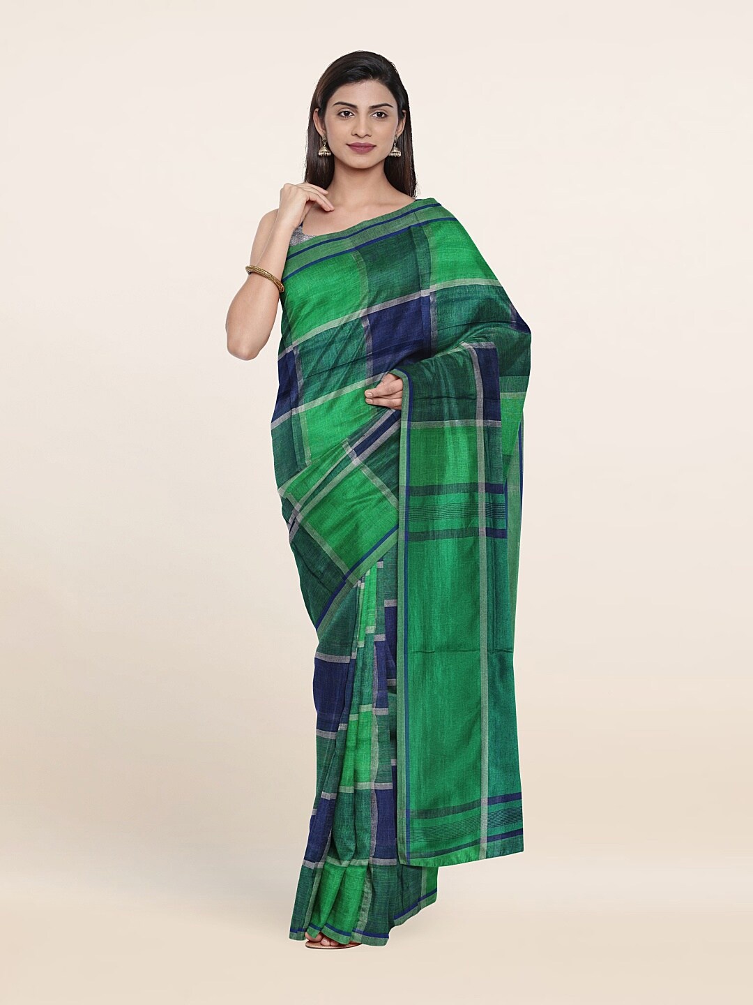 

Pothys Green & Navy Blue Checked Linen Blend Saree