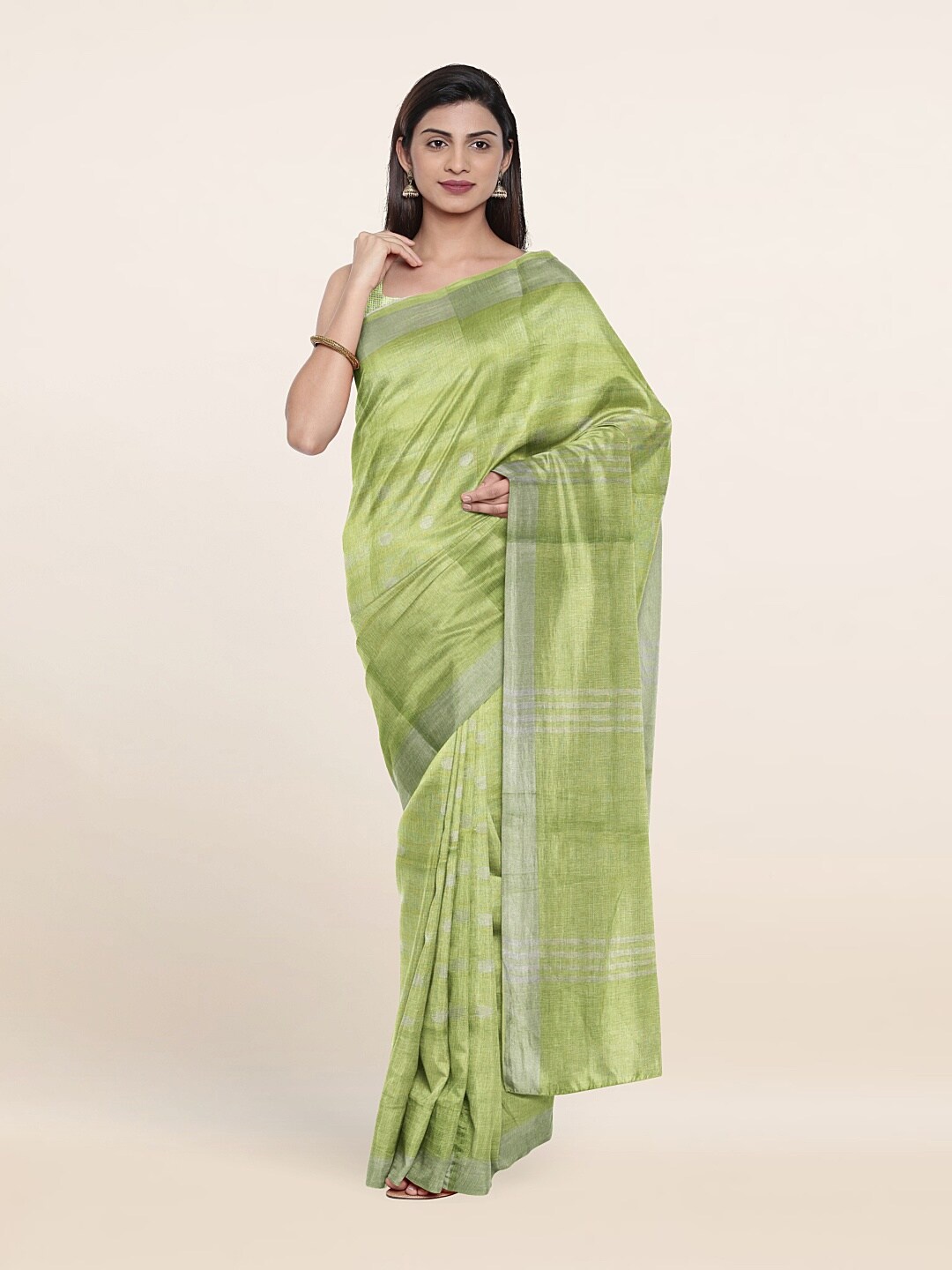 

Pothys Green & Silver-Toned Floral Zari Linen Blend Saree