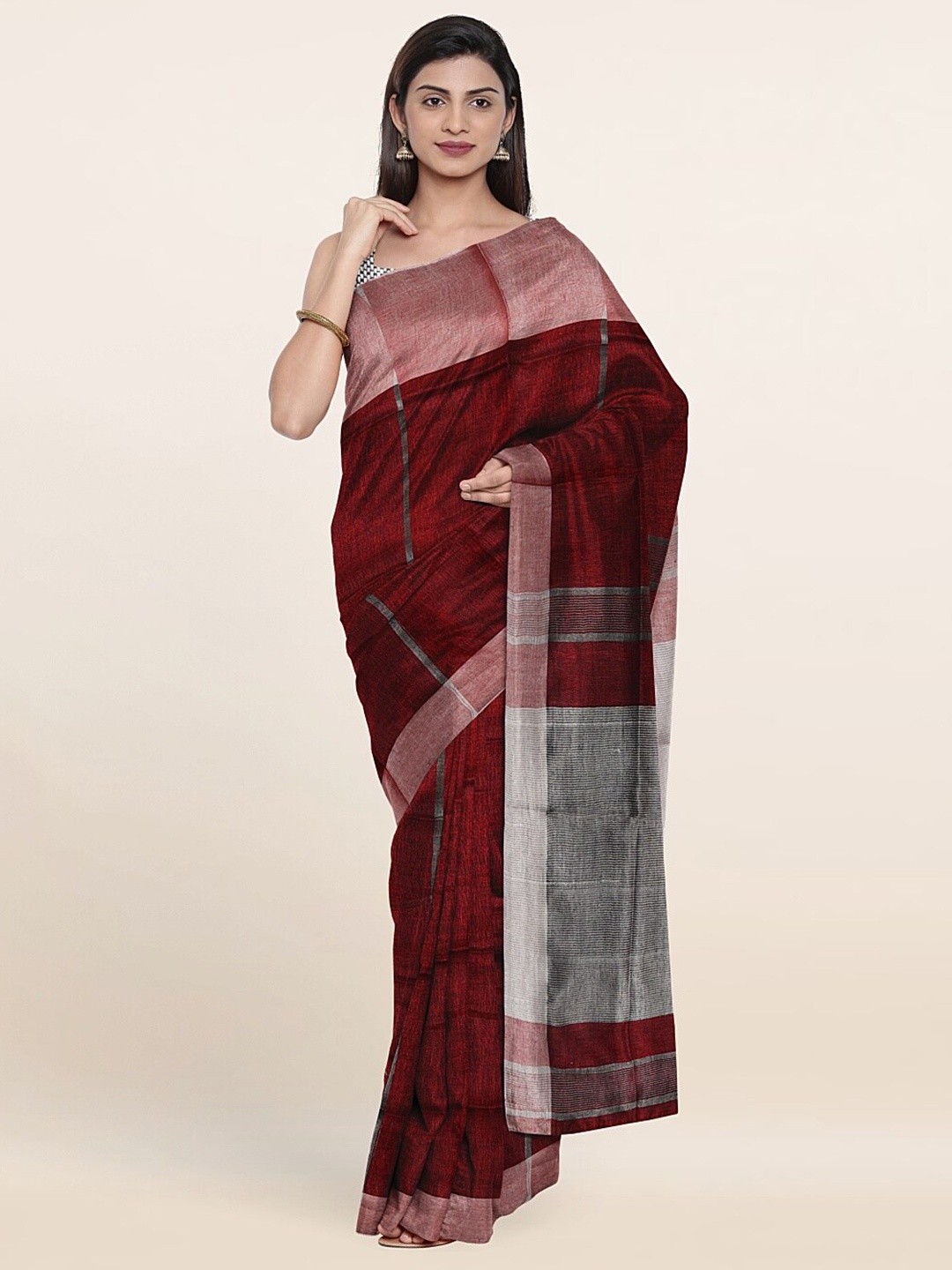 

Pothys Maroon & Silver-Toned Woven Design Zari Linen Blend Saree