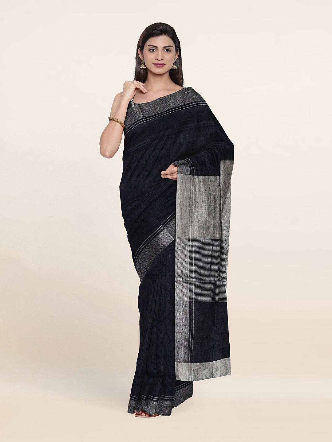 

Pothys Navy Blue & Silver-Toned Zari Linen Blend Saree