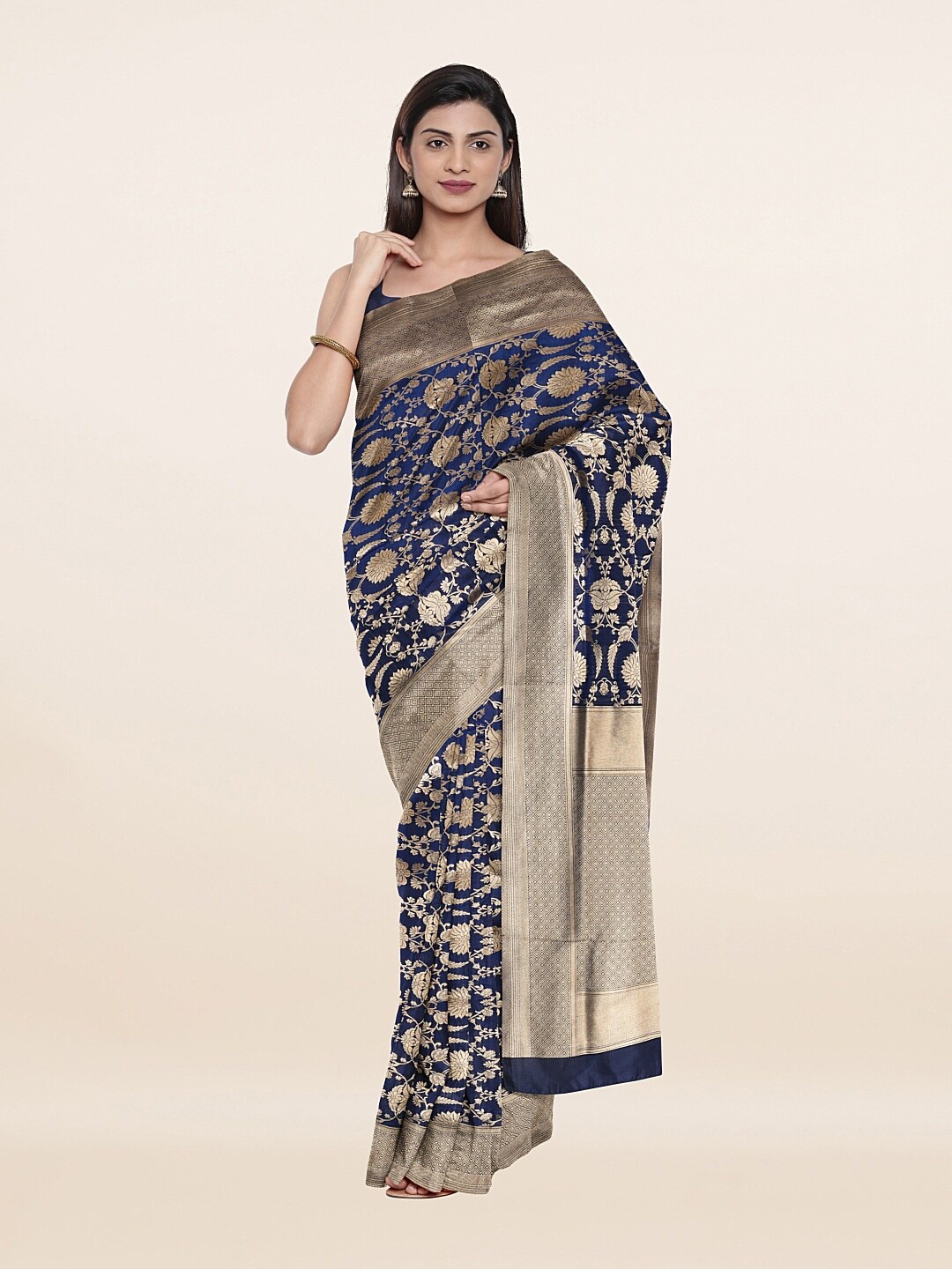 

Pothys Blue & Gold-Toned Floral Zari Art Silk Saree