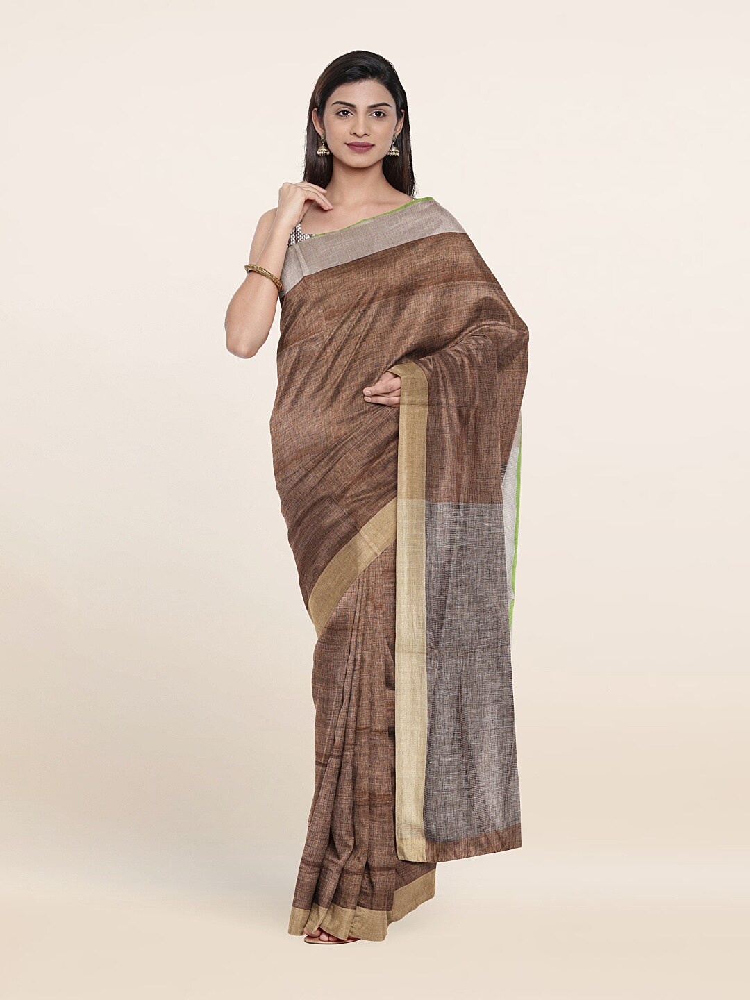 

Pothys Brown & Gold-Toned Linen Blend Saree