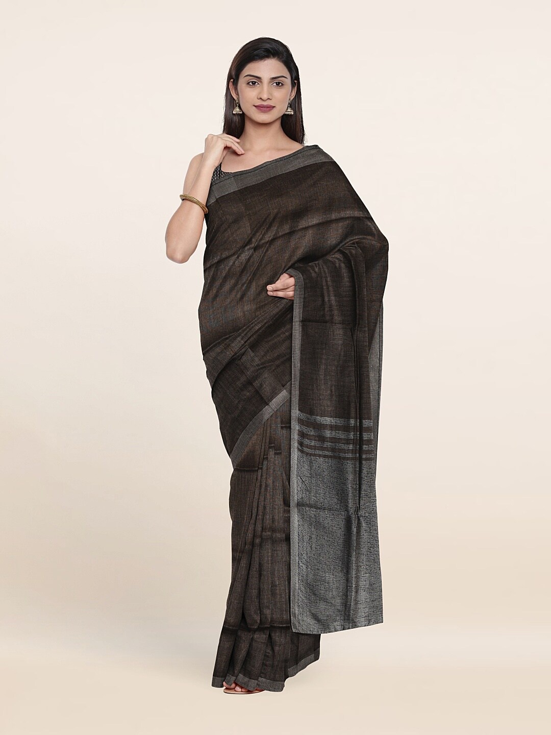 

Pothys Grey & Silver Solid Zari Linen Blend Saree