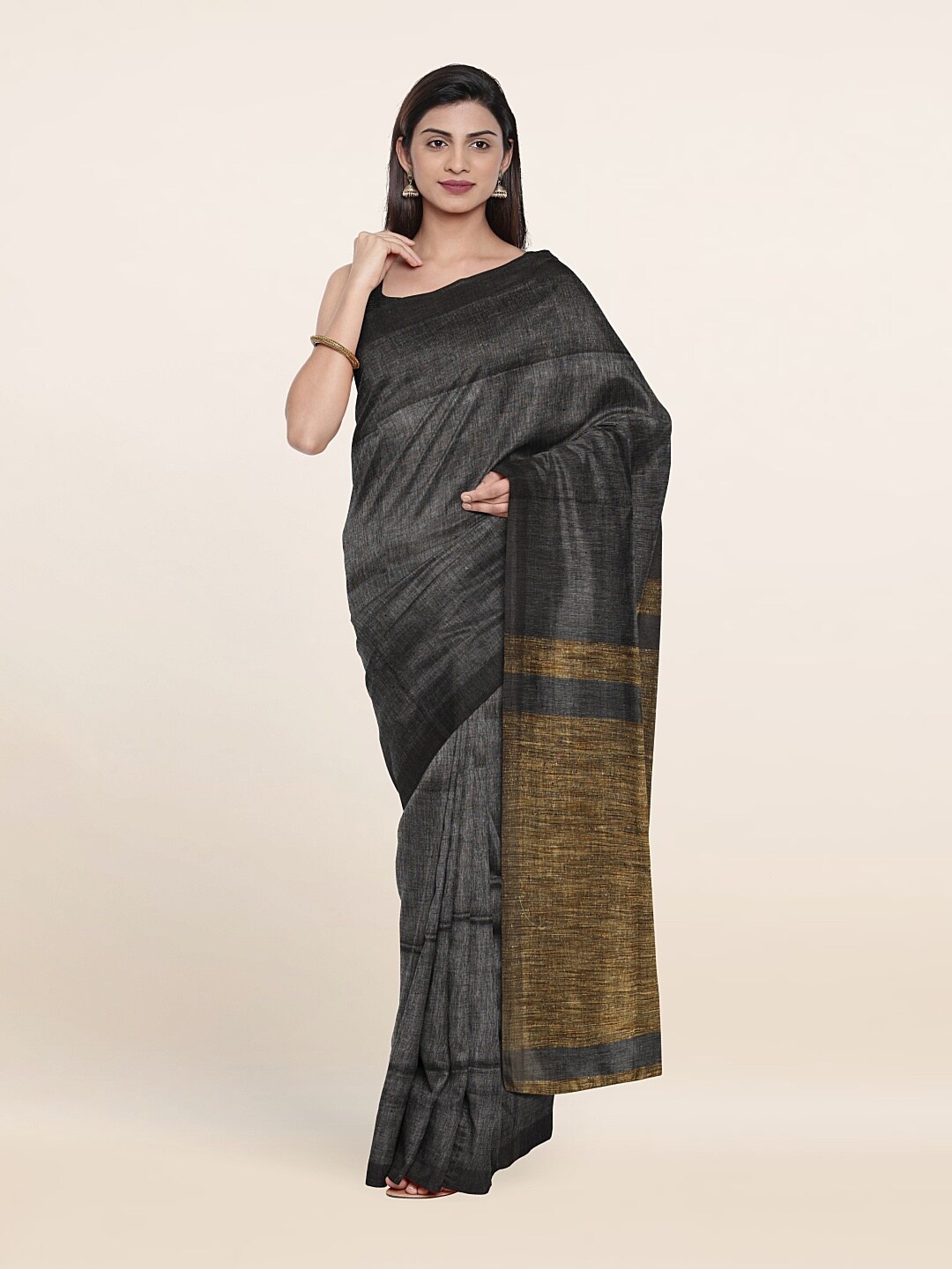 

Pothys Grey & Gold-Toned Woven Design Zari Linen Blend Saree