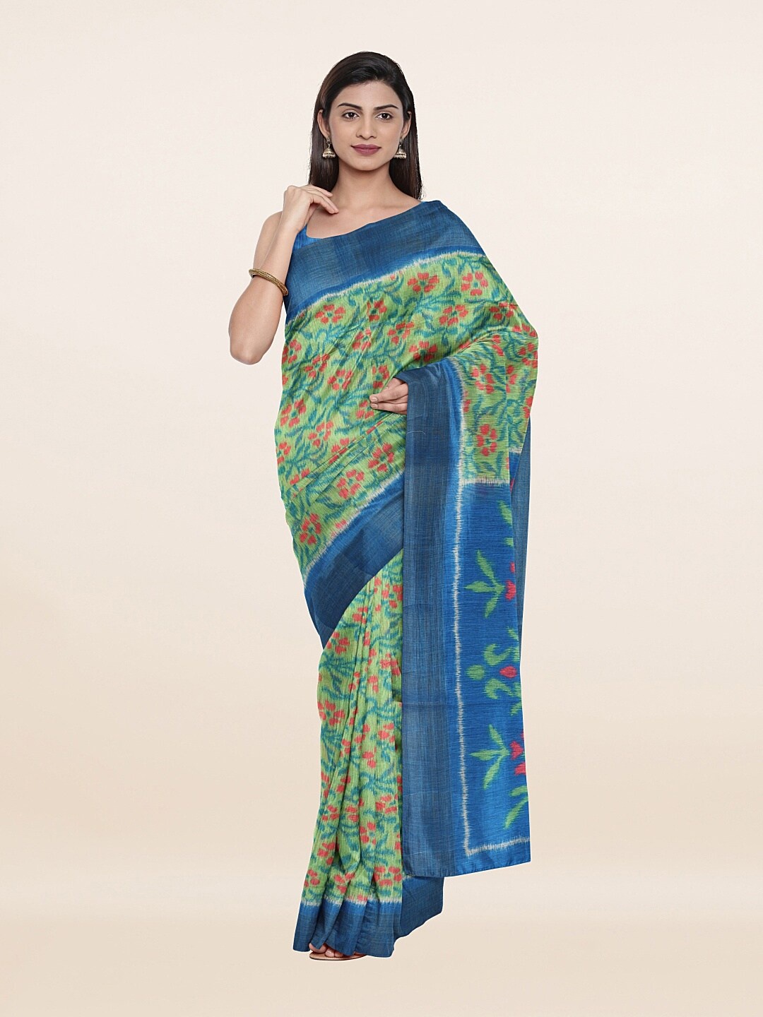 

Pothys Women Green & Blue Floral Art Silk Saree