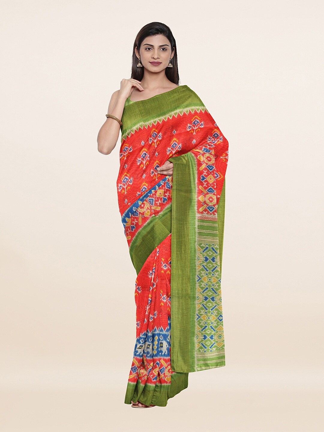 

Pothys Pink & Green Floral Zari Art Silk Saree