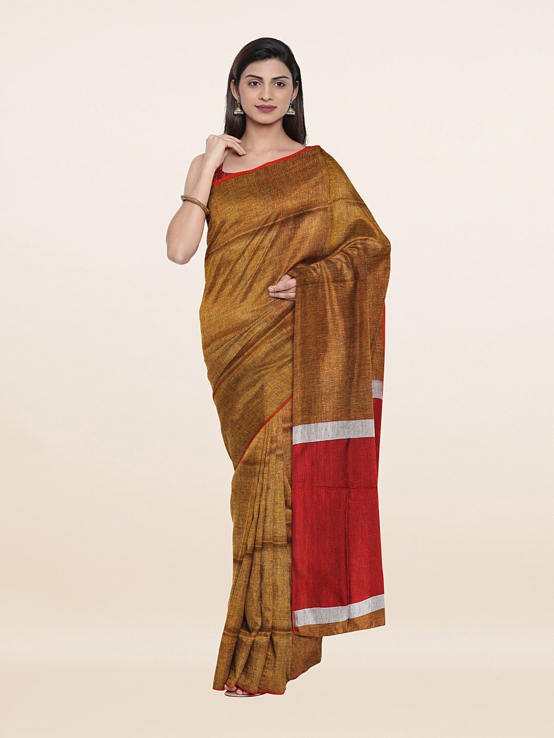 

Pothys Mustard & Maroon Pure Linen Saree