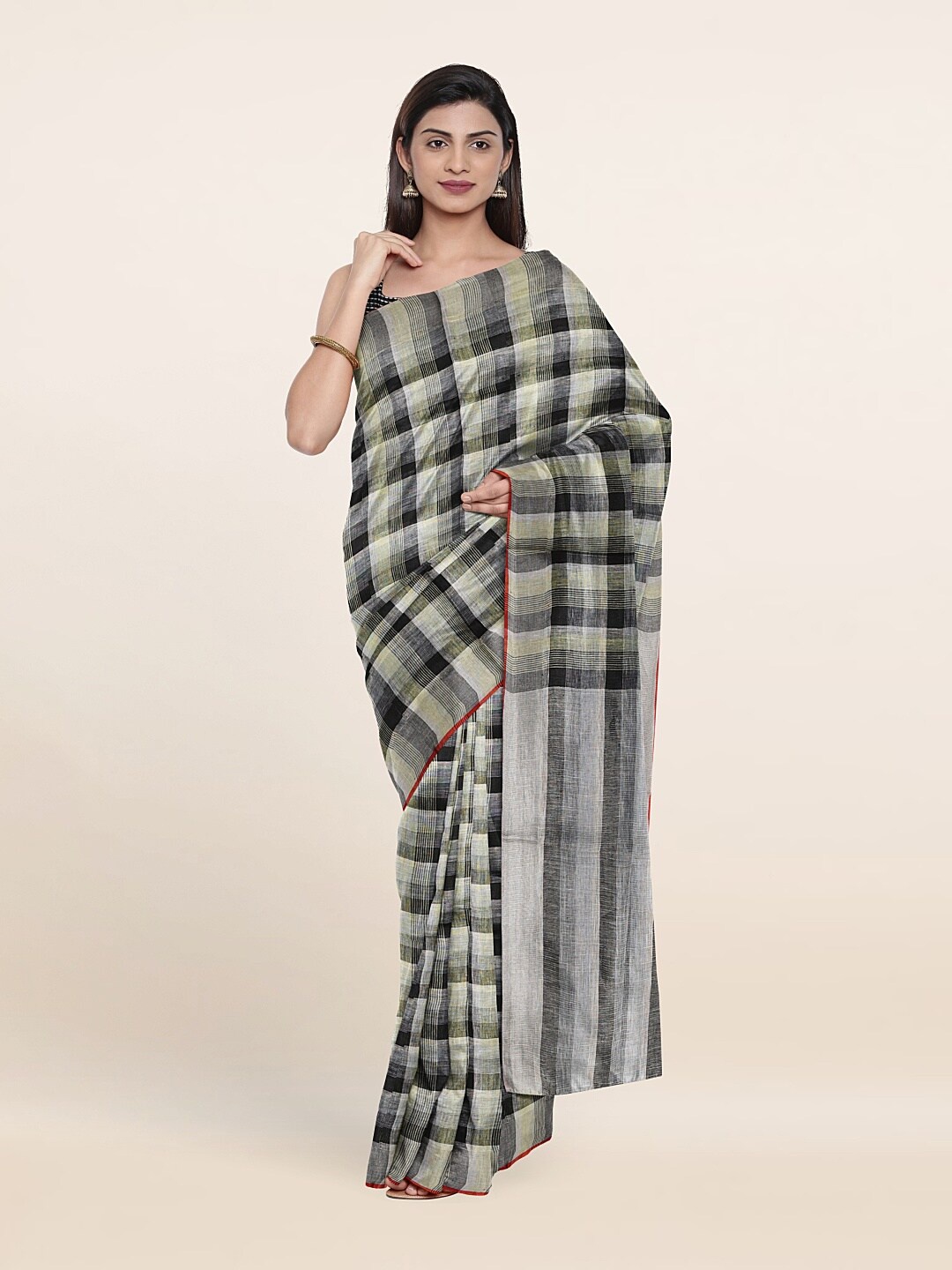 

Pothys Black & Grey Checked Art Linen Blend Saree